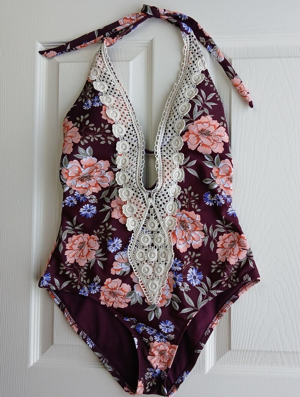 Kona Sol Burgundy Floral Crochet Trim Plunge One-Piece Swimsuit M floral lined